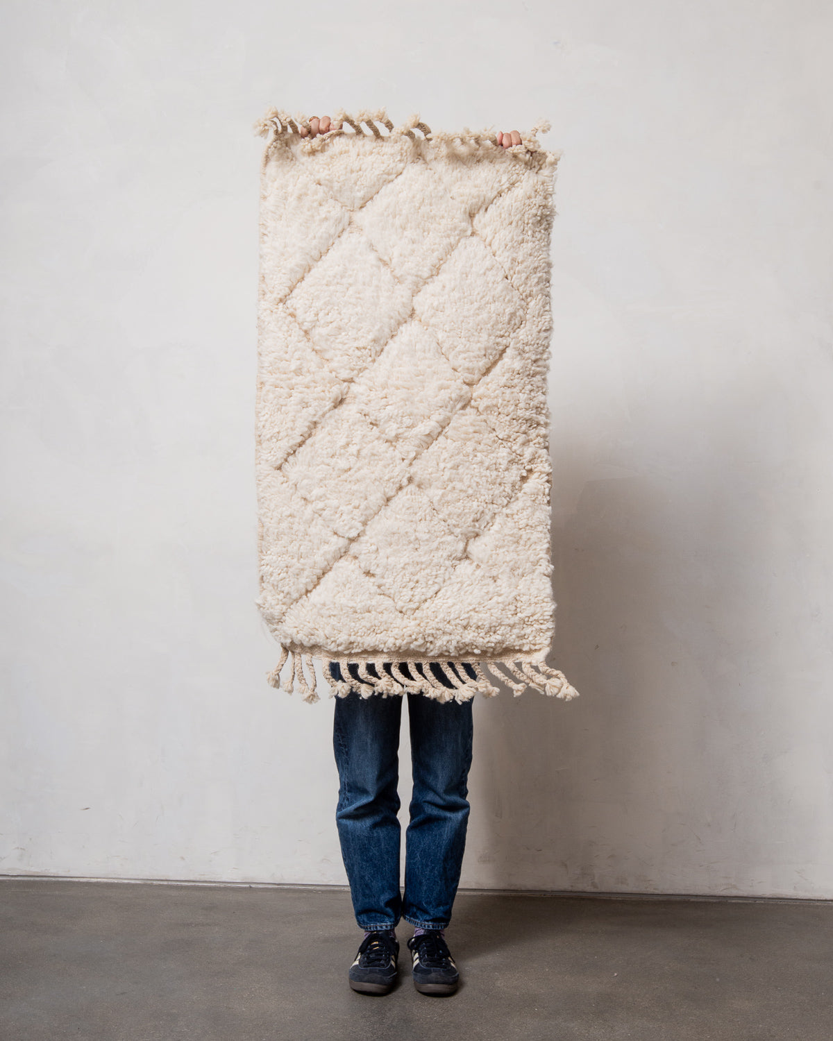 Modern, designer, handcrafted Berber rug from Morocco. Beniourain carpet with beautiful colours and patterns and fluffy wool texture.